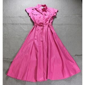 Vintage Foxy Lady Dress 16 Dark Pink Pinstripe Shirt Maxi Tie Front Cotton USA